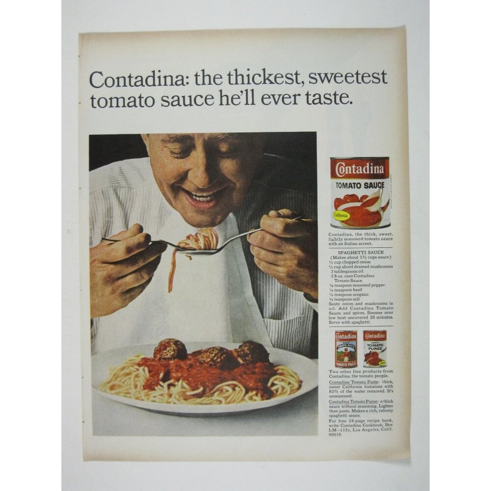 Print Ad Contadina Tomato Sauce Vintage 1960s Spaghetti Recipe MOD California